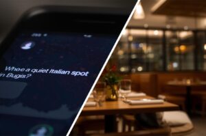 A split-screen image showing a smartphone ai assistant displaying a search query for a quiet Italian restaurant in Bugis, contrasted with a warm, blurred restaurant interior background.