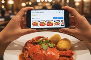 A customer holding a smartphone to take a photo of a whole crab dish, with the phone screen displaying a Google Maps restaurant listing with a 4.5-star rating and food gallery."
