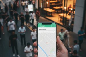 A hand holding a smartphone on a busy street displaying a "No results found" error on Google Maps, illustrating a lack of local business visibility.