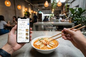 A person holding a smartphone displaying Google search results for "best lunch near me" while sitting at a table with a bowl of Laksa noodle soup.