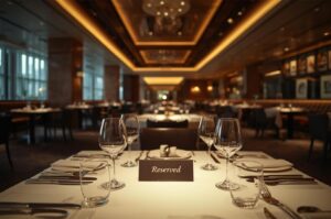 Close-up of a 'Reserved' sign on a white tablecloth, surrounded by wine glasses and cutlery in an elegantly lit fine dining restaurant with chandeliers in the background.