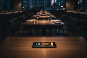 A smartphone lying flat on a wooden restaurant table displaying a steak dinner on a food reservation app, with a blurred background of an upscale, dimly lit dining room with empty tables and wine glasses.