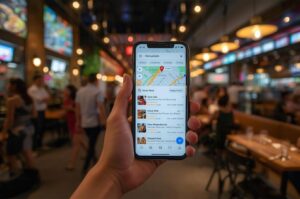 A first-person perspective of a hand holding a smartphone displaying a map navigation app with restaurant listings, food thumbnails, and location pins within a busy dining hall.
