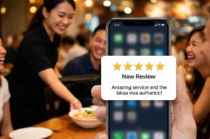 A smartphone displaying a 'New Review' pop-up notification with five stars and text praising amazing service and authentic laksa, set against a background of happy diners and a smiling waitress.