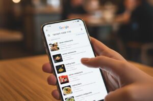 A close-up of a person's hand holding a smartphone showing Google search results for "ramen near me," displaying a list of local restaurants and rooftop bars with thumbnail images.