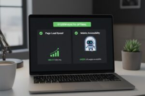 A laptop screen displaying a system health dashboard with green indicators for optimal page load speed and mobile accessibility status.