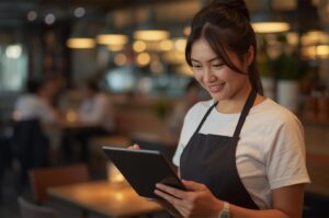 A smiling female restaurant owner wearing a black apron using a digital tablet for order taking or point-of-sale management in a warm, dimly lit restaurant setting.