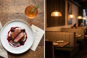 Split image showing a top-down view of a gourmet duck breast dish with a cocktail on the left, and a warm, cozy restaurant interior with booth seating and pendant lighting on the right.