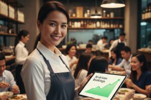 A smiling restaurant server holding a tablet that displays a rising green growth chart labeled "AI-driven Bookings," with a busy dining room in the background.