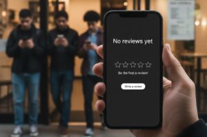 Hand holding a smartphone displaying a 'No reviews yet' message with five empty stars and a 'Write a review' button, with blurred people looking at phones in the background.