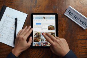 A top-down view of hands using a tablet to browse a digital food menu and map interface on a wooden table, situated next to a stylus and a white "Reserved" table sign.