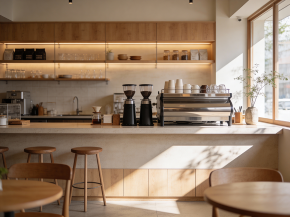 Warm and elegant cafe interior featuring a stylish coffee bar, soft lighting, and cozy dine-in seating that fosters a personal connection with guests, encouraging repeat business.