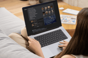 An over-the-shoulder shot of a person using a laptop to search for "best restaurants in Singapore." The screen shows search suggestions and local map results, illustrating the user journey and what a missing restaurant is failing to capture.