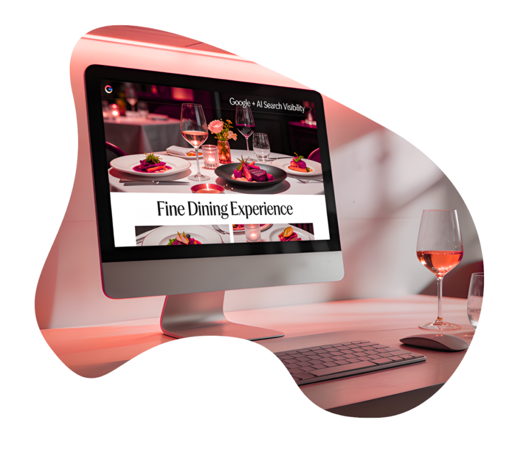 A computer screen showing Google search results and AI-powered suggestions for a new restaurant, illustrating the restaurant’s online presence and digital discoverability