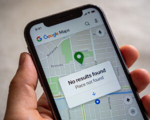 A smartphone screen displaying Google Maps with no restaurant search results found, indicating the business is not yet listed or visible on the platform.