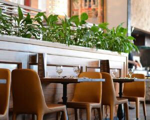 Modern restaurant interior with warm lighting, neatly arranged tables, and a welcoming dining atmosphere for guests.