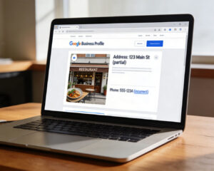 A laptop screen showing a Google Business Profile with incorrect details such as wrong address or opening hours, highlighting inaccurate business information online.