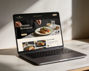 A laptop screen presenting a restaurant website with food imagery and navigation menu for online discovery.