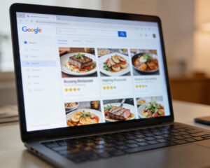 A laptop displaying Google search results for a food restaurant, with multiple listings and images visible on the screen.