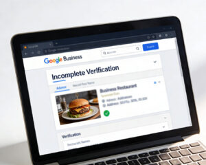 A laptop screen showing an incomplete Google Business profile verification status for a restaurant, indicating setup in progress.