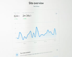 A computer screen displaying SEO analytics with line and bar graphs showing upward trends in website traffic and keyword performance, suggesting digital marketing analysis in progress.
