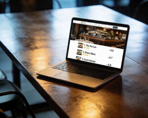 A laptop screen showing a Google interface about visibility for new restaurants, illustrating how newly opened businesses can appear in Google search and Maps results once properly set up.