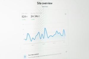 This image displays a "Site overview" dashboard showing 824 page views and an average view duration of 2 minutes and 34 seconds. A blue line graph tracks these metrics over a 28-day period.
