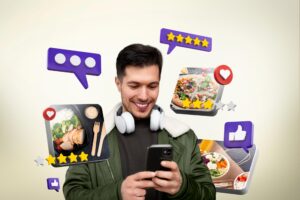 A man with white headphones smiles while looking at his smartphone, surrounded by floating 3D social media icons and food rating graphics. The digital elements include five-star ratings, speech bubbles, and heart icons hovering over images of pizza and healthy meal containers.