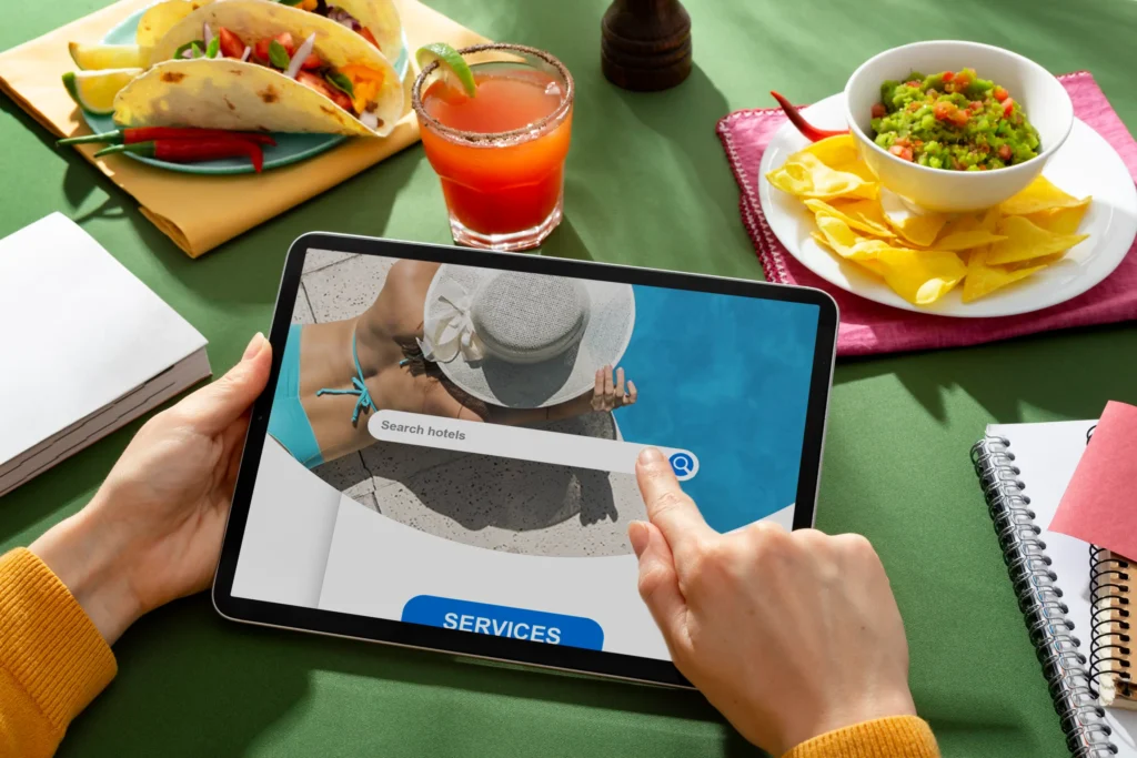 A person holds a tablet and taps a search bar reading "Search hotels" while looking at a travel booking screen. The surrounding green table is set with tacos, tortilla chips, guacamole, a red cocktail, and notebooks.